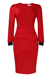 Rotes, knielanges, langärmliges Bürokleid